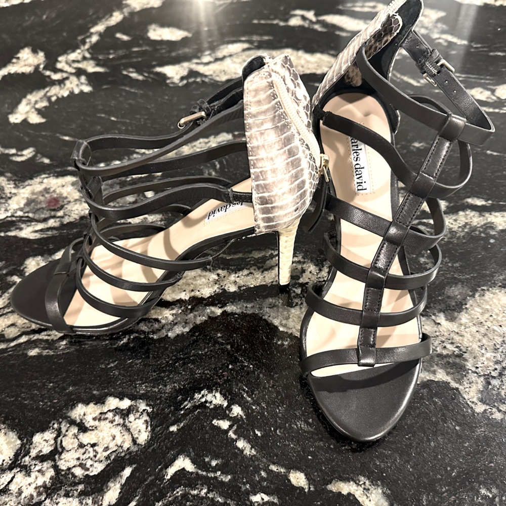 New Charles David Black Leather Strappy Heels w/ Snake Skin Back Zipper